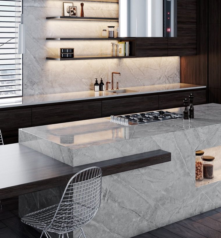 Bancada de cozinha em Quartzito Taj Mahal trazendo sofisticação e durabilidade ao ambiente gourmet
